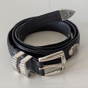 Black Top Grain Oiltan Leather Belt  Silver Buckle Size 44 Men's